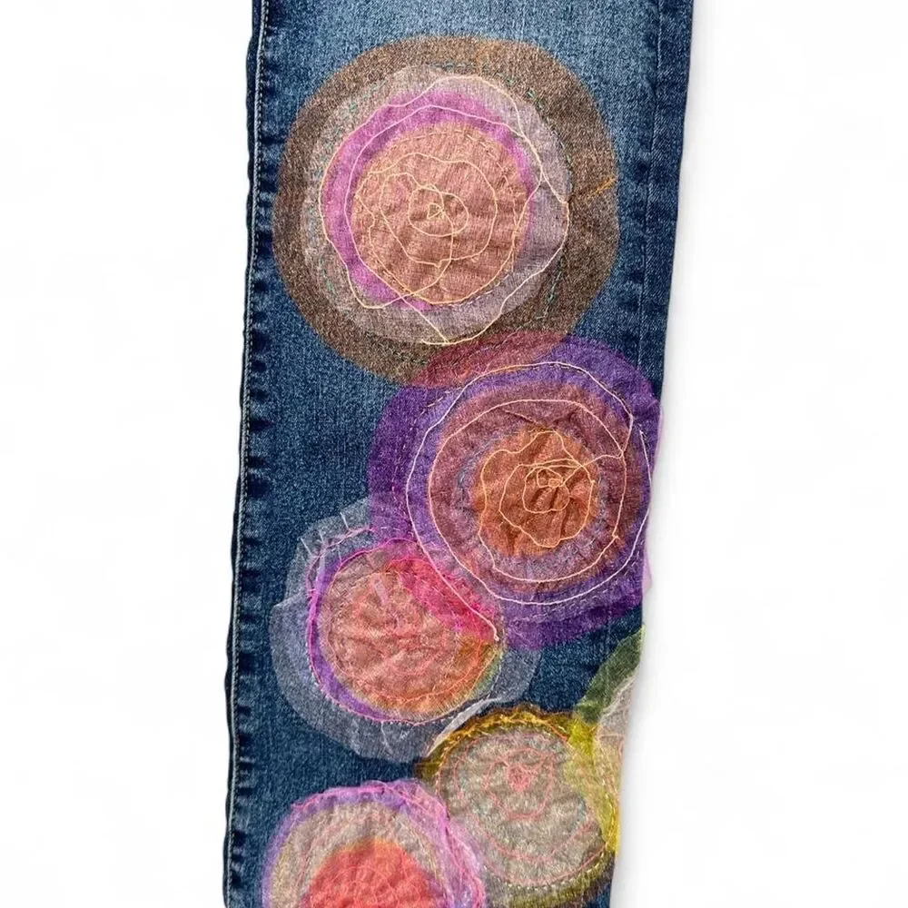 Bohemian Upcycled Spiral Embroidered Patchwork Medium Wash Denim Bootcut Jeans